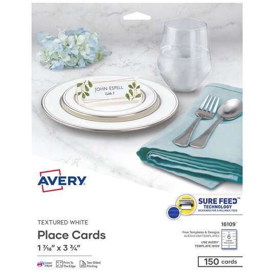 Avery® Printable Place Cards, Sure Feed® Technology, 1-7/16" x 3-3/4", Textured Matte White, Laser & Inkjet Compatible, 150 Blank Tent Cards Total (16109)